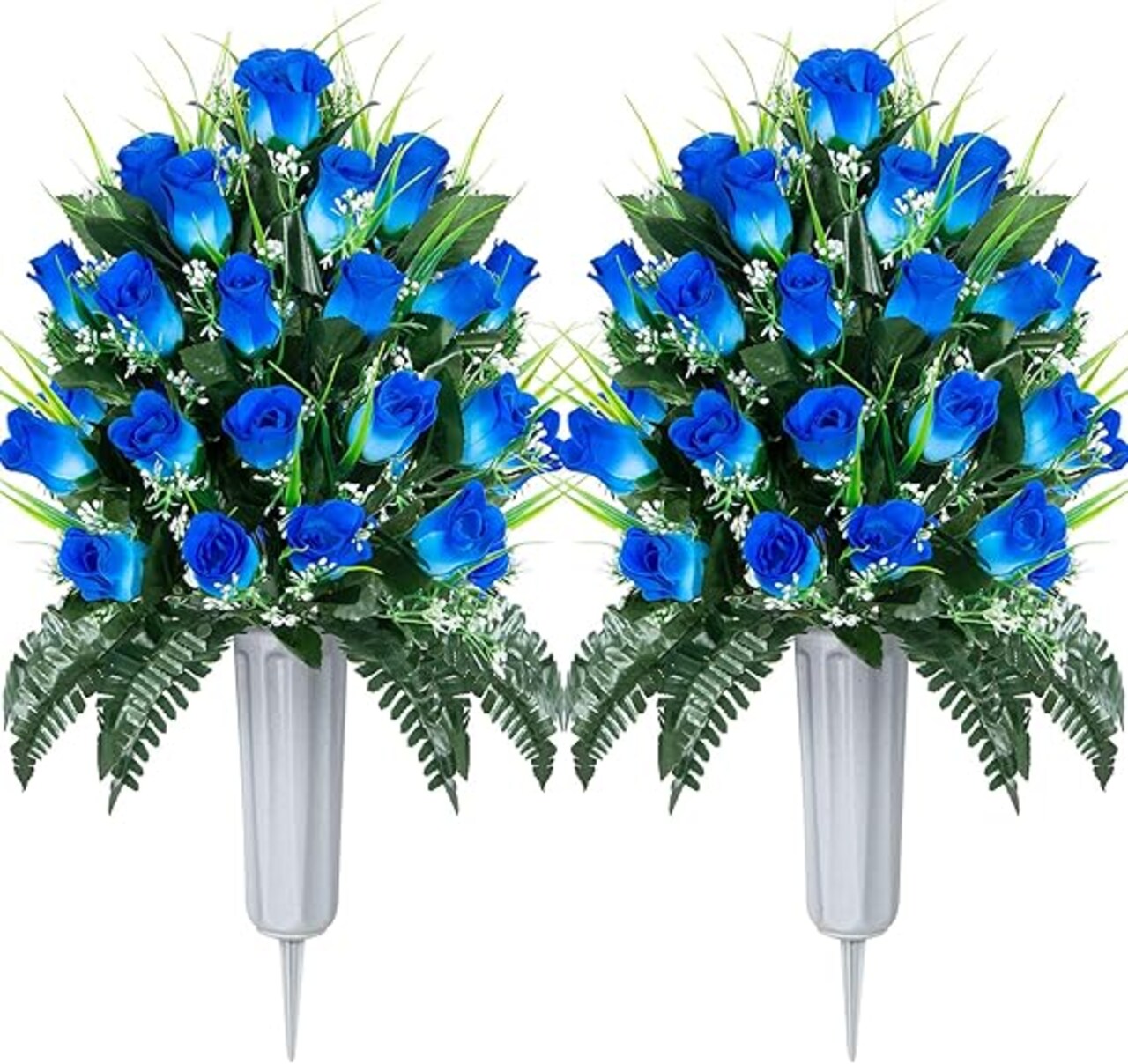 2 Sets Artificial Cemetery Rose Bouquets with Vase – Memorial Grave Decorations for Lasting Tribute